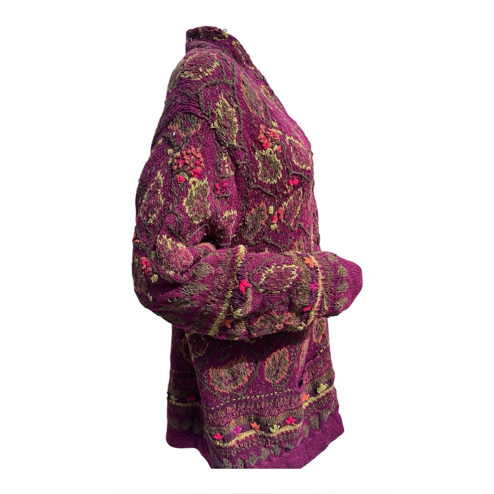 VTG 1997 Hand knit Burgundy Autumn Leaf Long Cardigan Sigrid Olsen sz XL - Picture 3 of 10